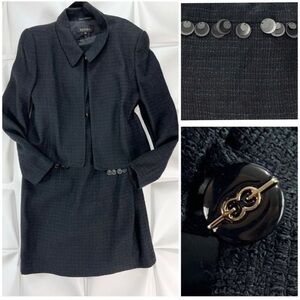 Escada 40 Sz 10 Black Sequin Virgin Wool Tweed Cropped Jacket Dress Suit 2pc Set